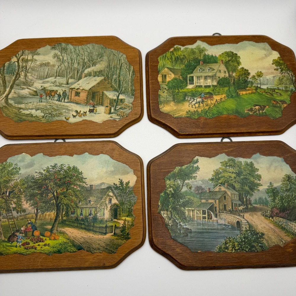VTG Currier & Ives Decoupage Wood Wall Plaques Set of 4 Farmhouse Country Scenes